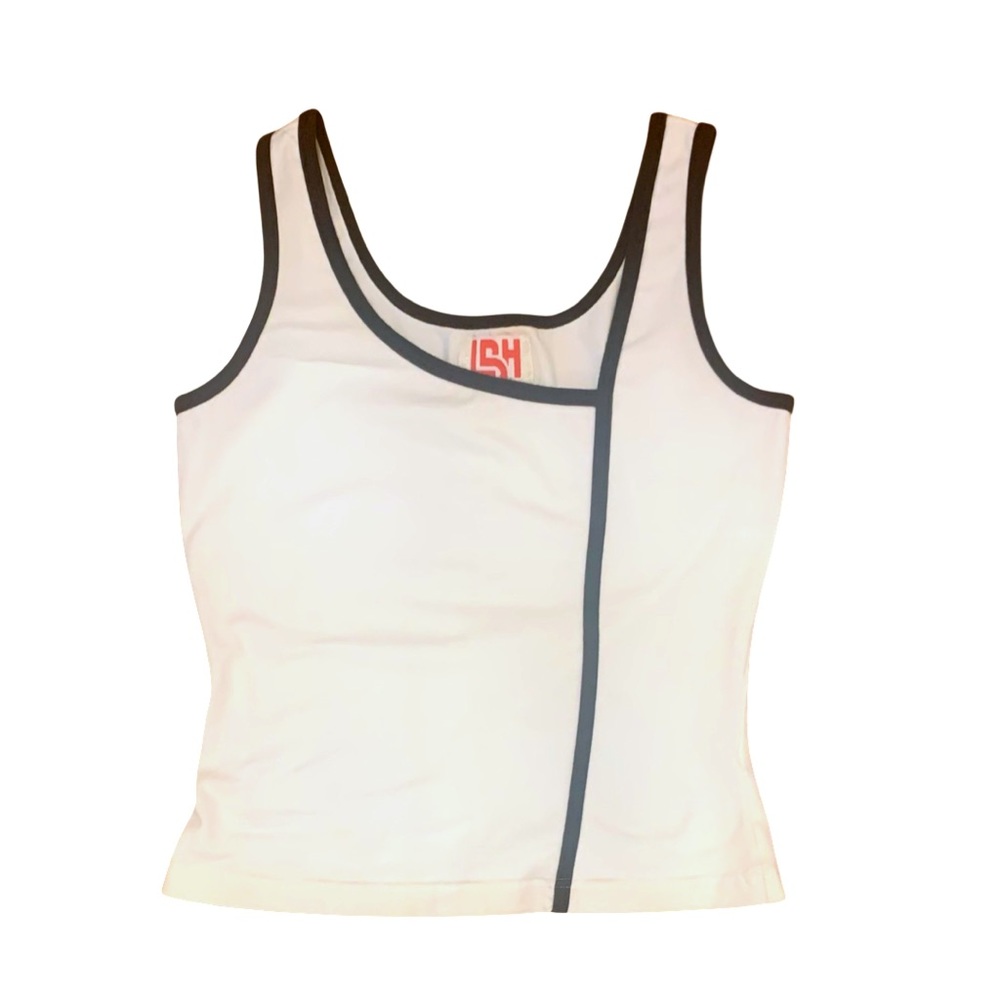 White tennis tank top with black contrast trim